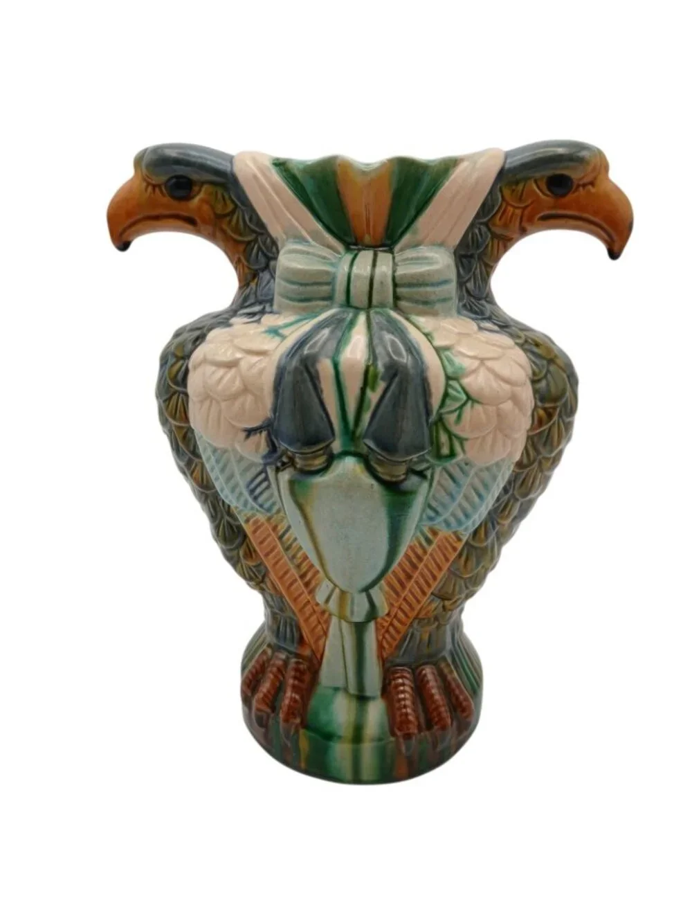 Majolica Double Eagle Head Vase Sculptural Ceramic Urn 9.5